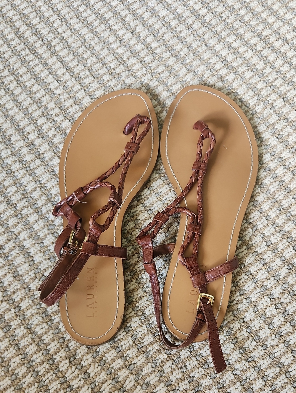 LAUREN Ralph Lauren Tan Braided Leather Thong Sandals, EUC, Size 11